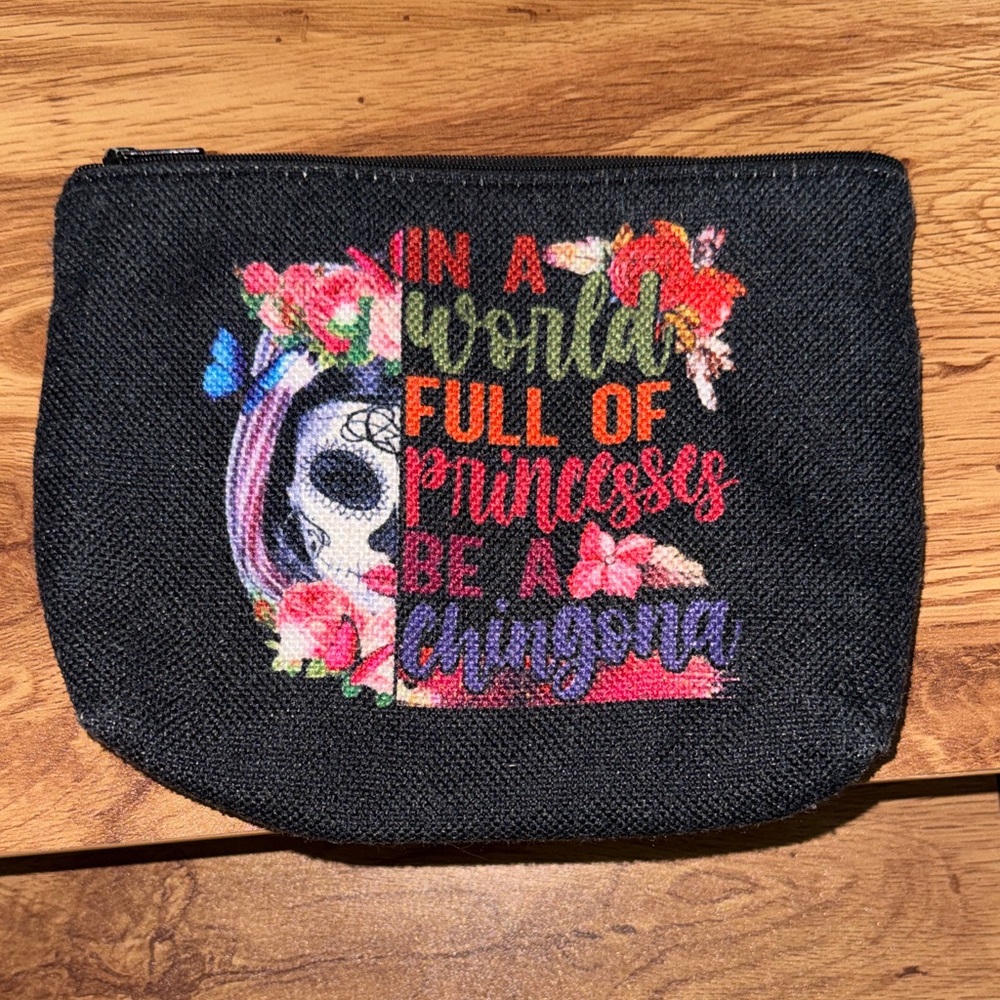 Black Canvas Cosmetic Pouch with Colorful Floral Skull Print
